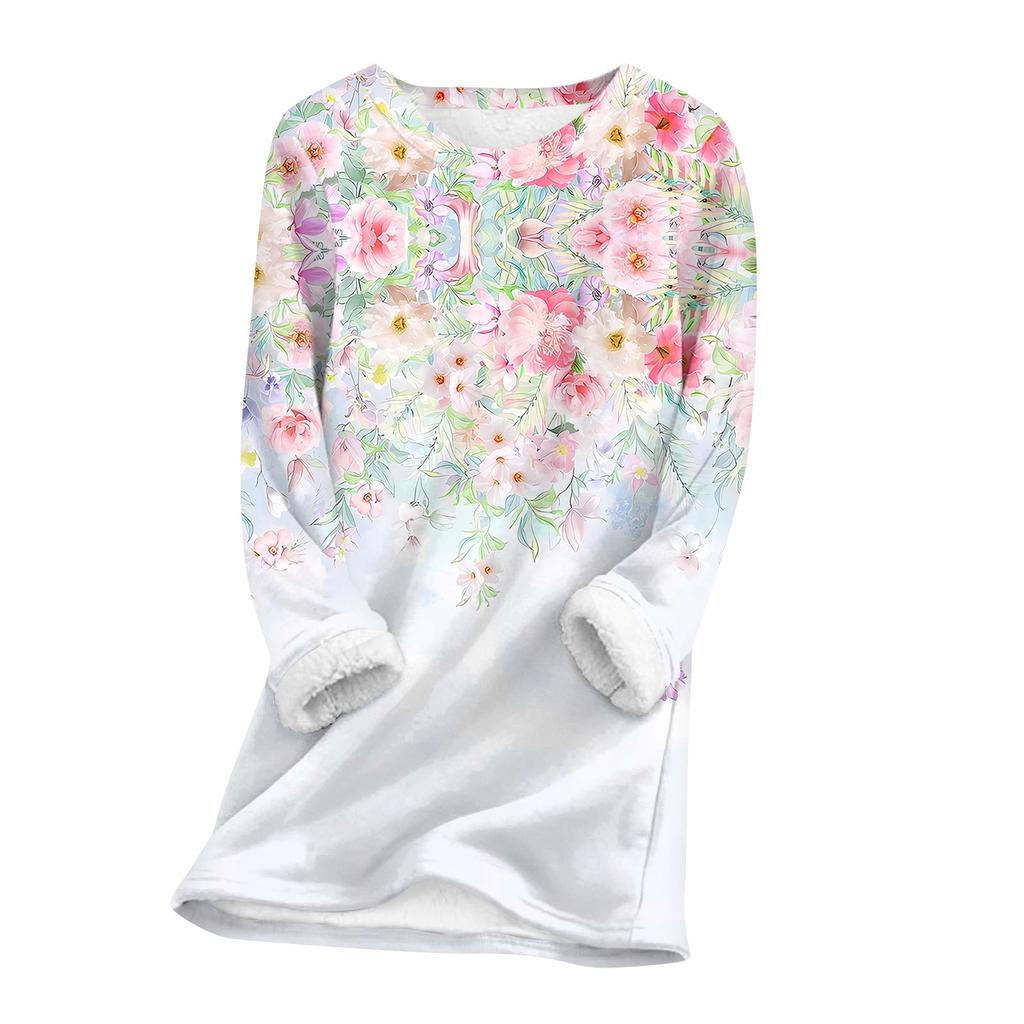 Женский топ с круглым вырезом и принтом из утолщенного плюша и кашемира, теплый длинный топ