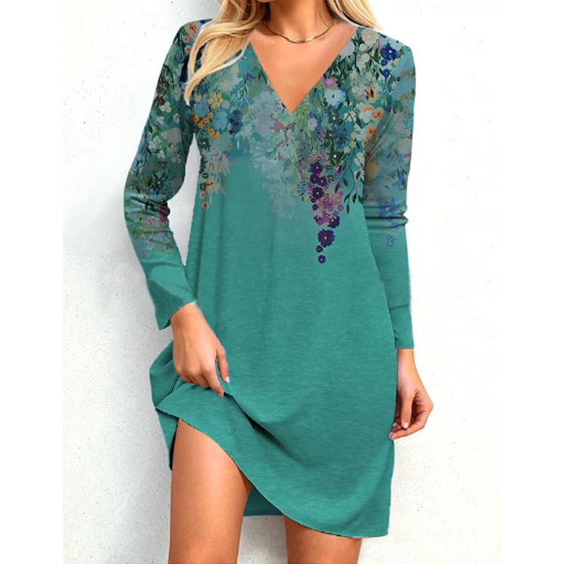 Женское модное повседневное платье с v-образным вырезом и длинными рукавами, женское свободное платье с цветочным принтом, женская одежда