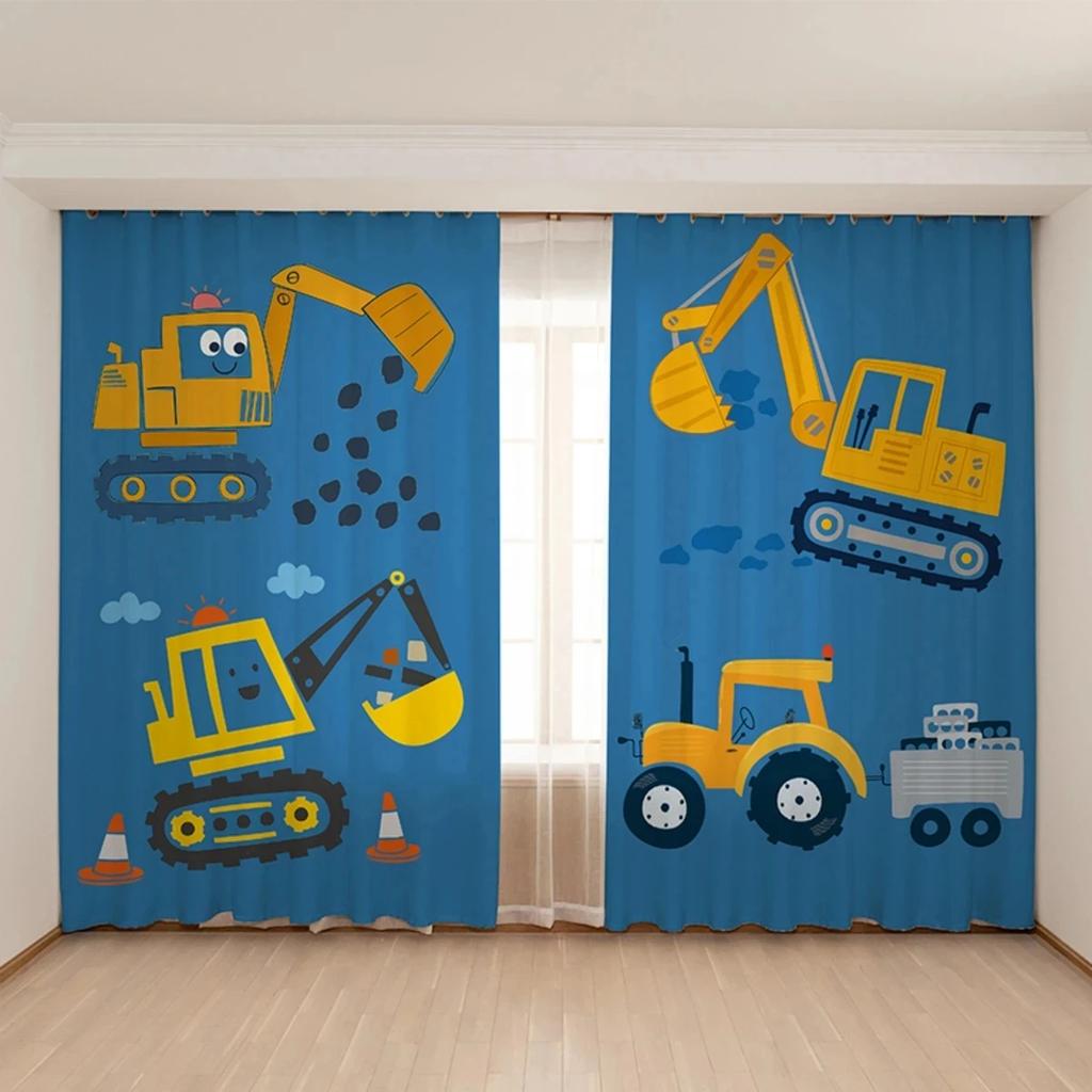 Новая симпатичная синяя желтая игрушечная машинка-экскаватор занавеска для детской комнаты, спальни для мальчиков, детской комнаты, окна детского сада, 2 панели, новый узор