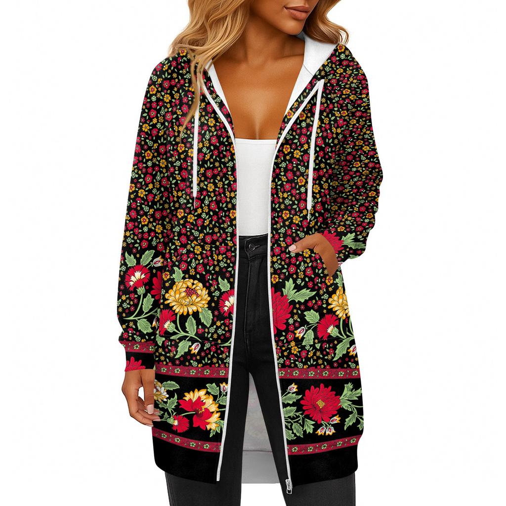 Women's Fashionable Printed Long Sleeved Drawstring Hooded Zipper Pocket Long Casual Sweatshirt Jacket