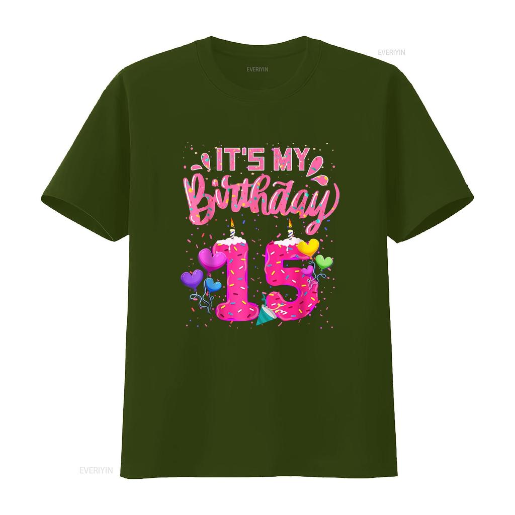 Это Мой 15-й День Рождения Пончик Счастливых 15 Лет Девочка Дети Футболка винтажная Стиранная Стильная Повседневная с принтом Универсальная Мягкая