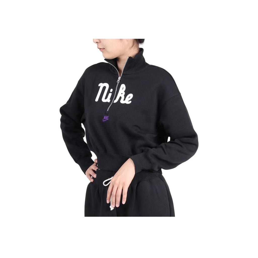 Nike Sportswear Letter Print Half-Zip Cropped Sweatshirt Women Tops Black FQ7980-010