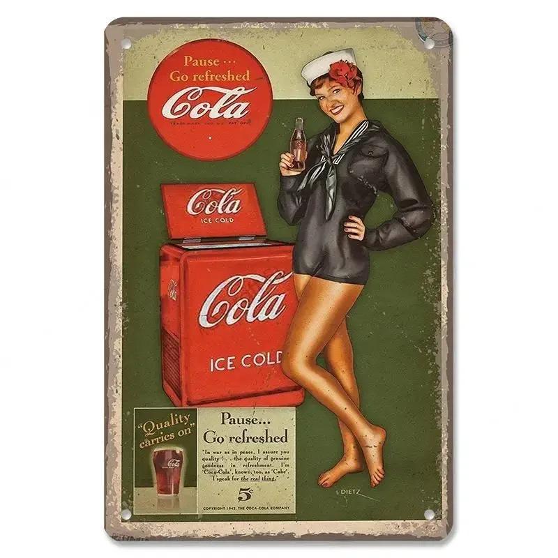 Жестяные знаки Винтажный постер с безалкогольными напитками Cola Металлические девушки пьют бутылки Cola Металлическая пластина Настенная декорация для бара, паба, клуба, ресторана