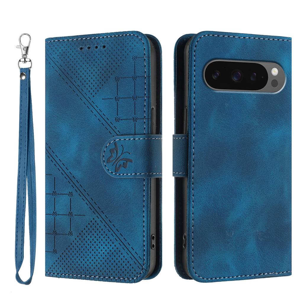 For Google Pixel 9 Pro XL/Google Pixel 10 Pro XL Leather Wallet Case Butterfly Flower Imprinted Phone Cover with Strap