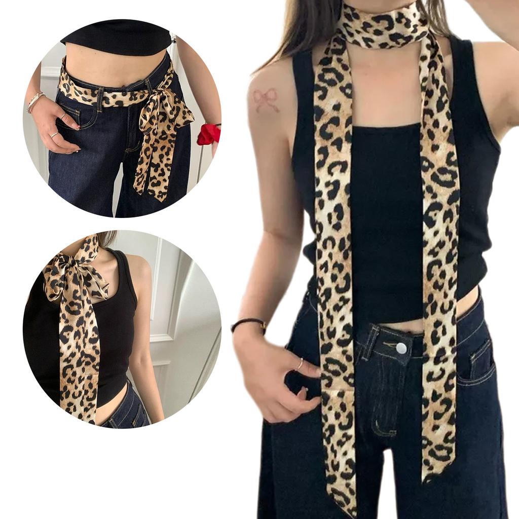 Long Narrow Scarf Leopard Print Multipurpose Skinny Neckerchief Neck Wrap Headband for Fashionable Women Waist Belt