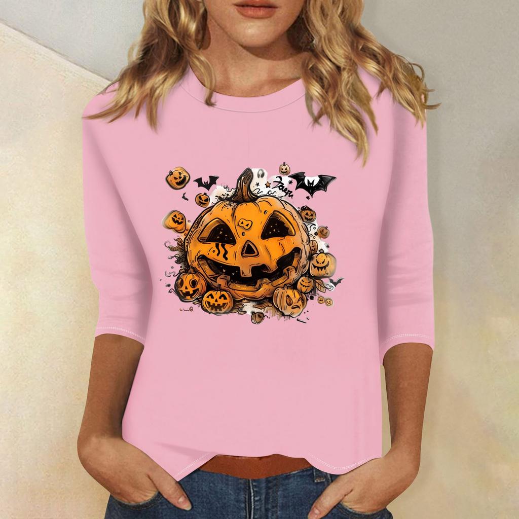 Women's Fashion Casual Three-quarter Sleeve Halloween Printed Round Neck Top