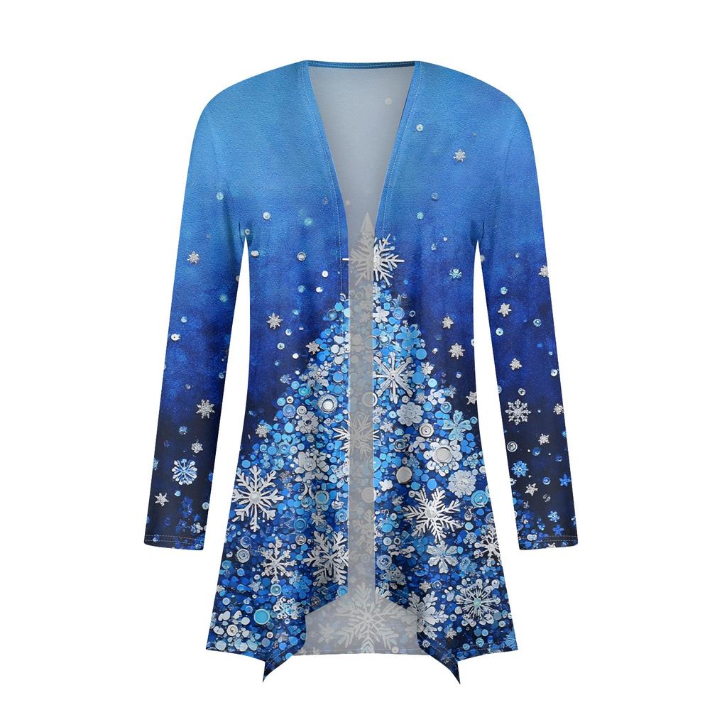 Женская мода повседневная рождественская печать средней длины кардиган куртка пальто