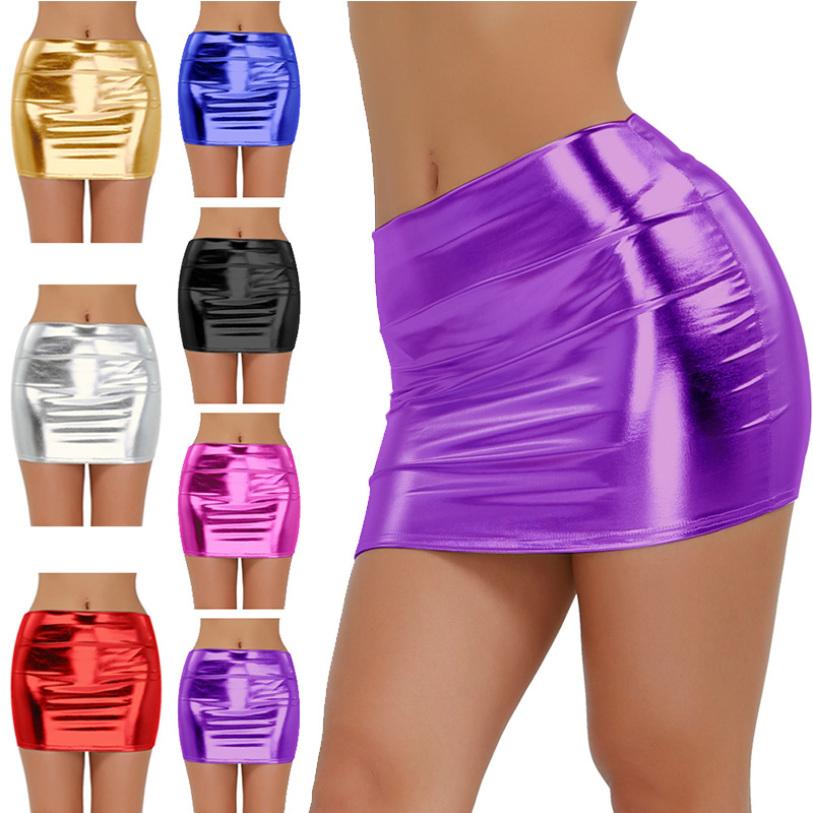 Женская блестящая лакированная кожа Bodycon Мини-юбка Металлический диско-танцевальный костюм