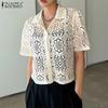 Womens Summer Hollow Crochet Casual Short Sleeve Blouse