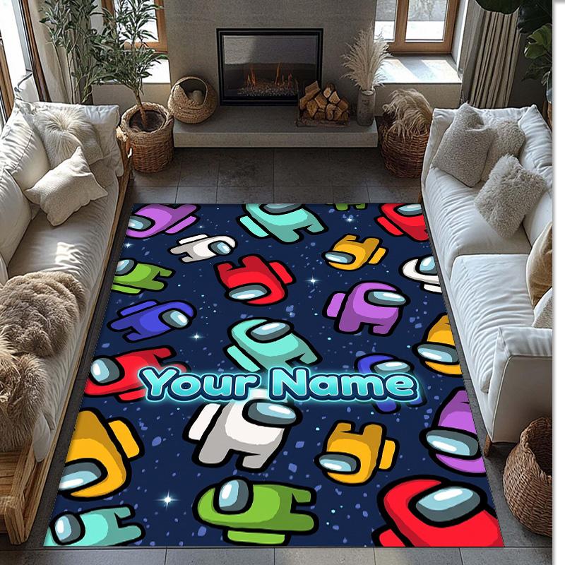 Among Us Crystal Velvet Rug, Custom Name Text Personalized Non‑Slip Floor Mat for Home Decor Gift