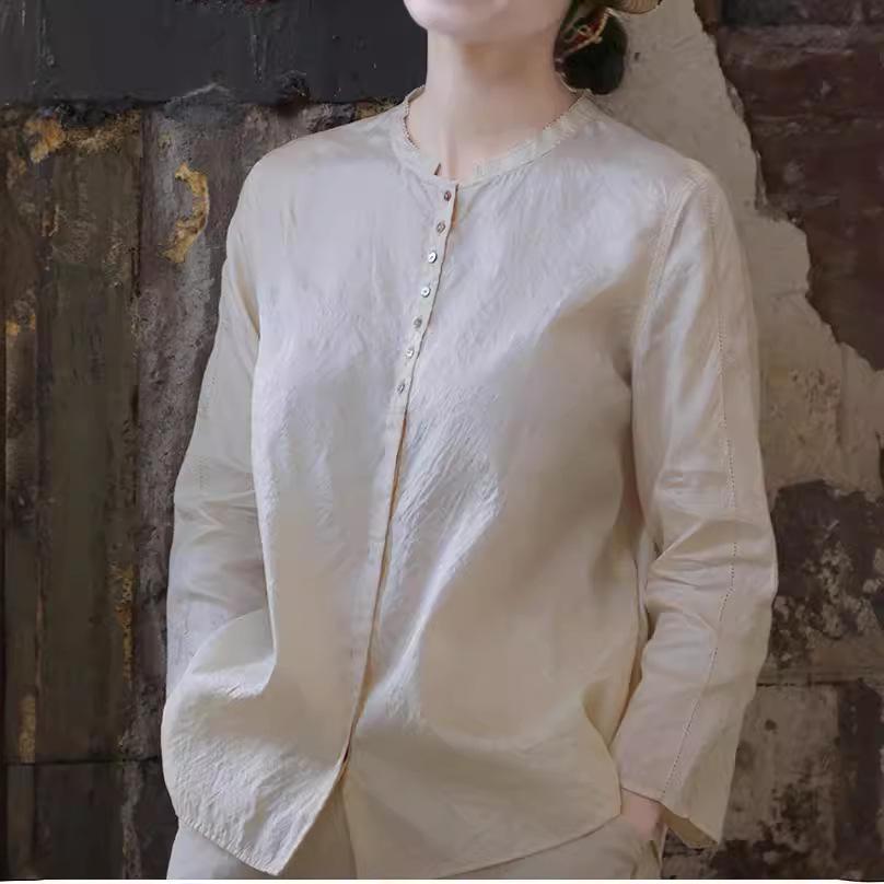 Осень 2021 Ретро Китайский Стиль Тусса Шелковая Тутовая Шелковая Стойка Воротник Свободный Длинный Рукав Повседневная Женская Рубашка