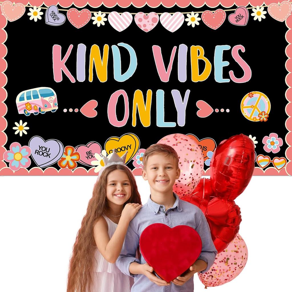 Valentine's Day Bulletin Board Decoration Valentine Classroom Bulletin Board with Borders Retro Groovy Heart Paper Cutouts for School Nursery