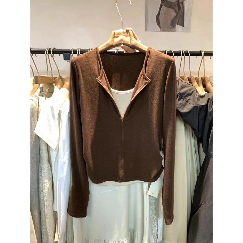 Весенняя рубашка с полумолнией, контрастная, с имитацией двух частей, женский топ, приталенная по талии, плиссированная, с длинным рукавом, ретро, базовая рубашка