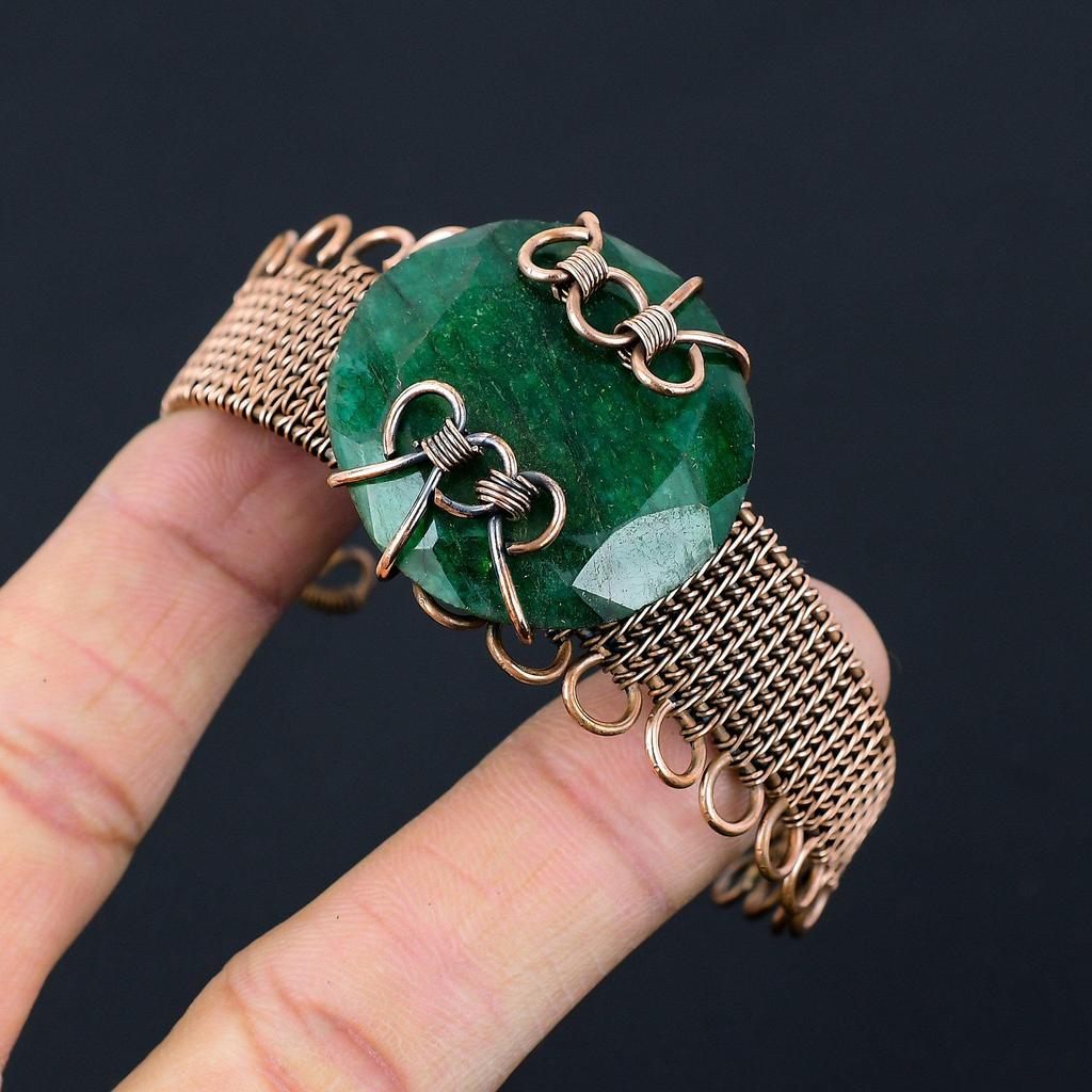 Lab-Created Emerald Gemstone Pure Copper Wire Wrapped Handmade Cuff/ Bangle Jewelry