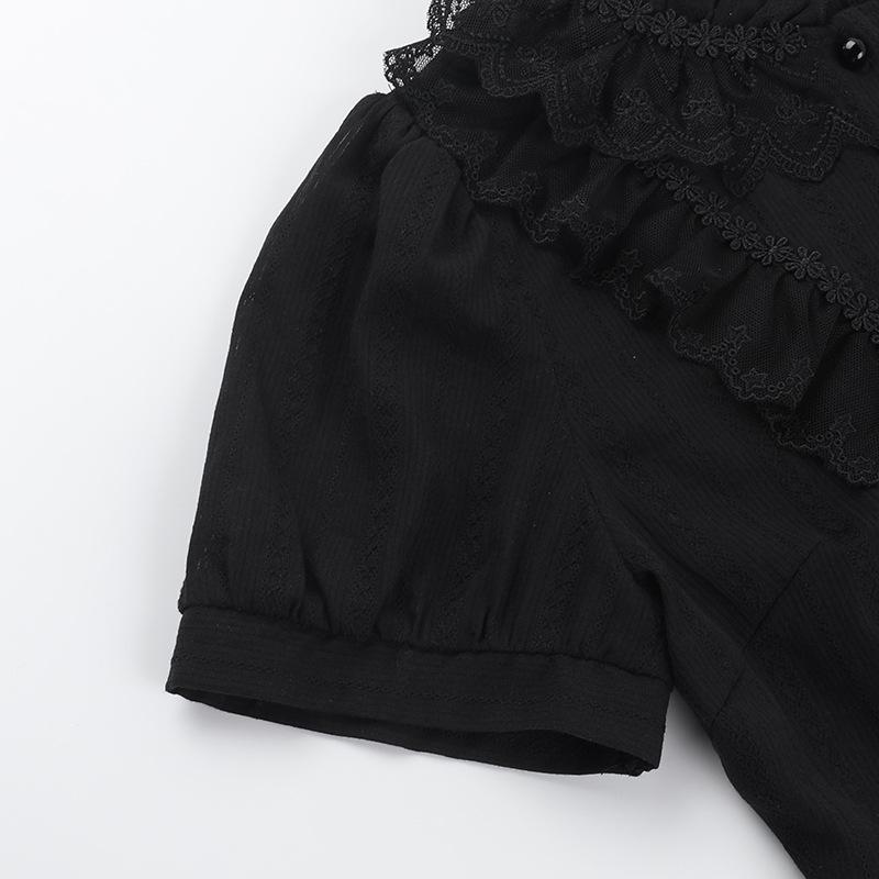Сладкие Лолиты Хлопковые Рубашки Женские Винтажные Готические Черно-Белые Жаккардовые Блузки с Коротким Рукавом Элегантные Офисные Женские Топы Y2k