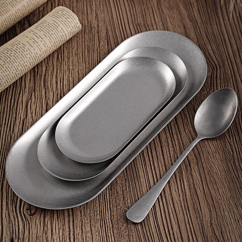 Japanese Retro Distressed Stainless Steel Oval Serving Tray