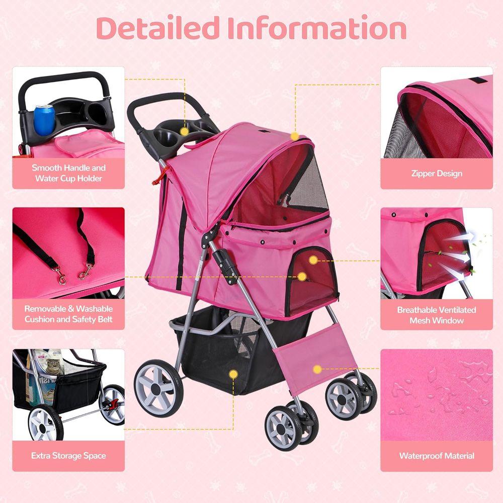 Pet Stroller, Cat/Dog Stroller with 4 Wheel, Travel Carrier Strolling Cart with Storage Basket, Cup Holder (Pink)