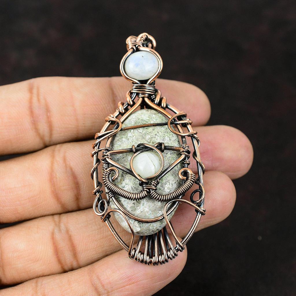 Подвеска из ископаемого коралла Глаз Дьявола, обернутая медью, с радужным лунным камнем, ручной работы, украшение Глаз Дьявола, подарок для матери, дизайнерское украшение