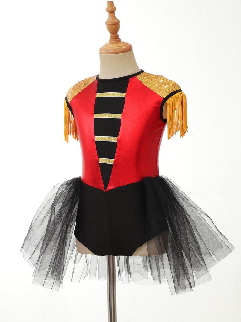 Girls Circus Ringmaster Costume Sleeveless Sequins Jumpsuit Tassels Open Back Short Unitard Dance Performance Wear