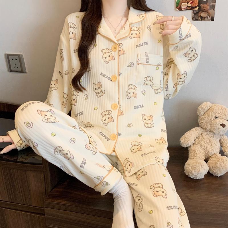 Air cotton sandwich pajamas women's autumn and winter long-sleeved cute dachshund dog polka dot warm loungewear set