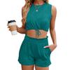 Summer Solid Colour Round Neck Vest Tank Top Drawstring Pocket Shorts Set for Women