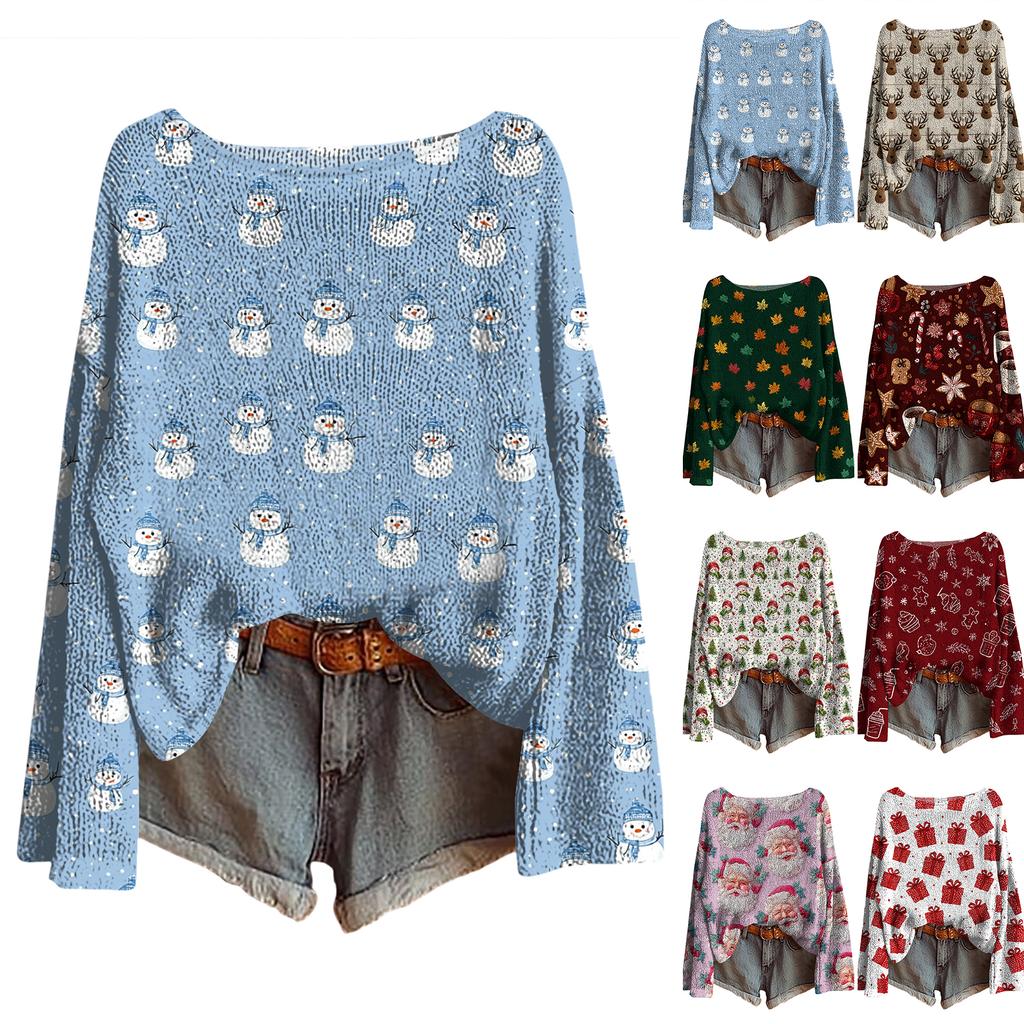 Women's Christmas Print Lightweight Sweater Casual Long Sleeve Knitted Pullover