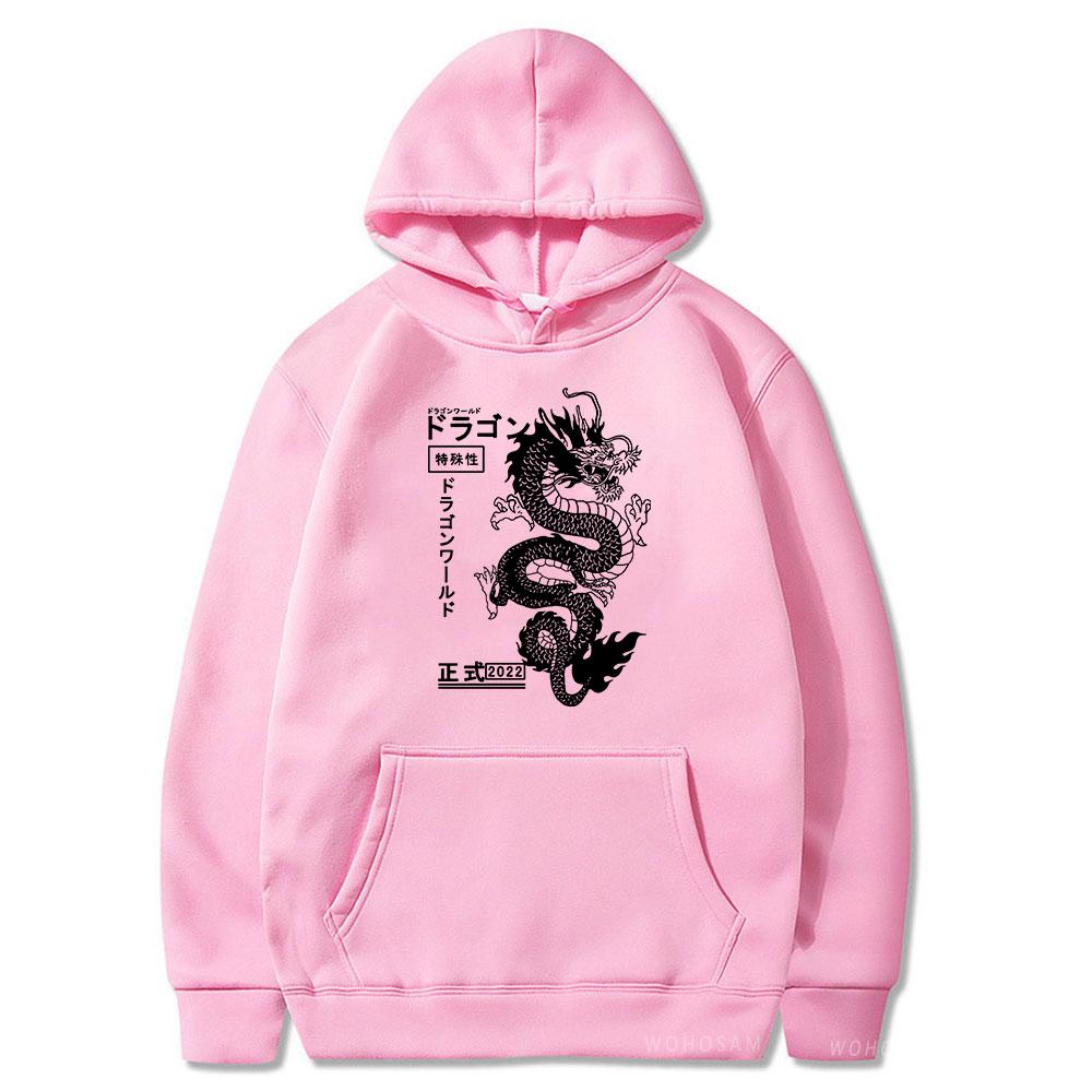Japanese Letter & Dragon Graphic Drawstring Hoodies Unisex Fashion Casual Oversized Loose Pullover Tops Spring Autumn Black Sweatshirts