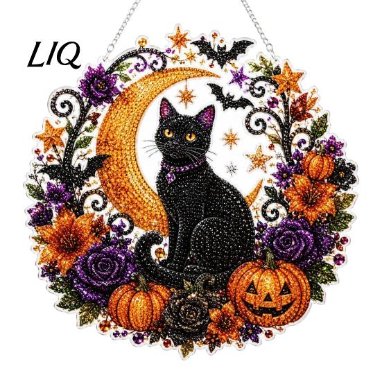 Черная кошка, Хэллоуин, Декор, Луна, Алмазная живопись, Набор, Граненый искусственный хрусталь, Подвесное украшение, Для взрослых, Алмазное искусство, Поделки своими руками, Декор окна для