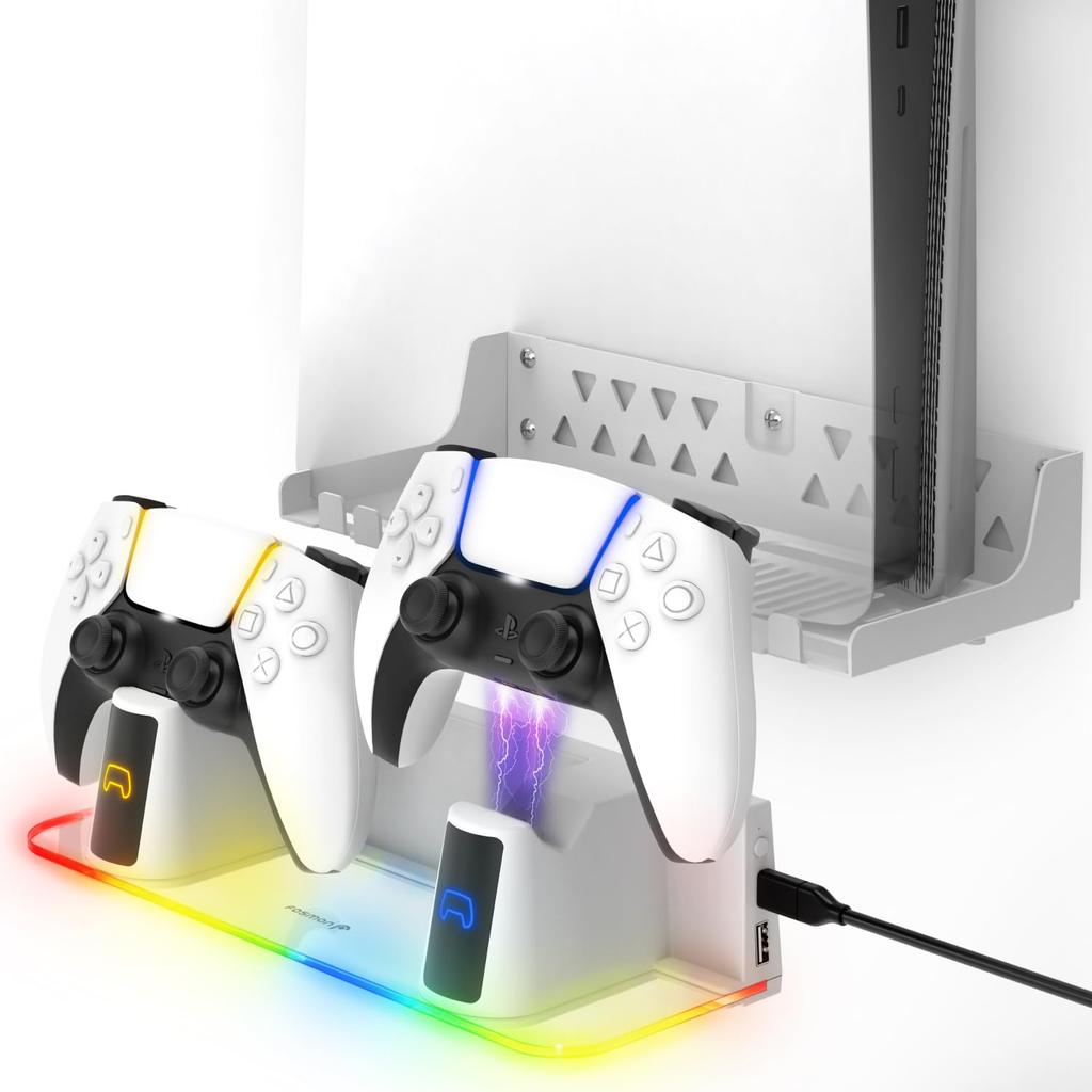 Fosmon PS5 Wall Mount Kit with Charging Sturdy Metal Removable Controller and RGB LED Light Compatible with PlayStation 5 and PS5 Slim 5 Pro White