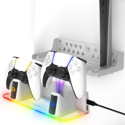 Комплект для настенного крепления Fosmon PS5 с зарядным устройством, прочным металлическим съемным контроллером и светодиодной подсветкой RGB, совместимый с PlayStation 5 и PS5 Slim 5 Pro White