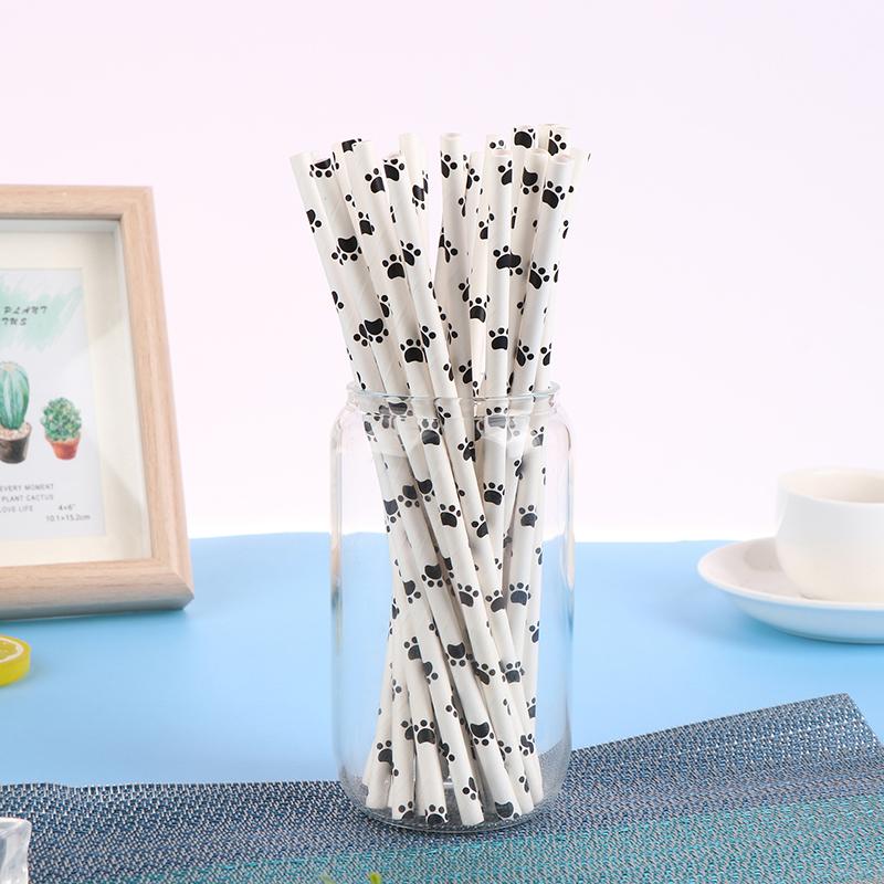 25 шт. бумажные трубочки для питья с принтом лапы собаки кошки, черно-белые принадлежности для вечеринки по случаю дня рождения, украшения для вечеринки в стиле домашних животных для девочек и мальчиков