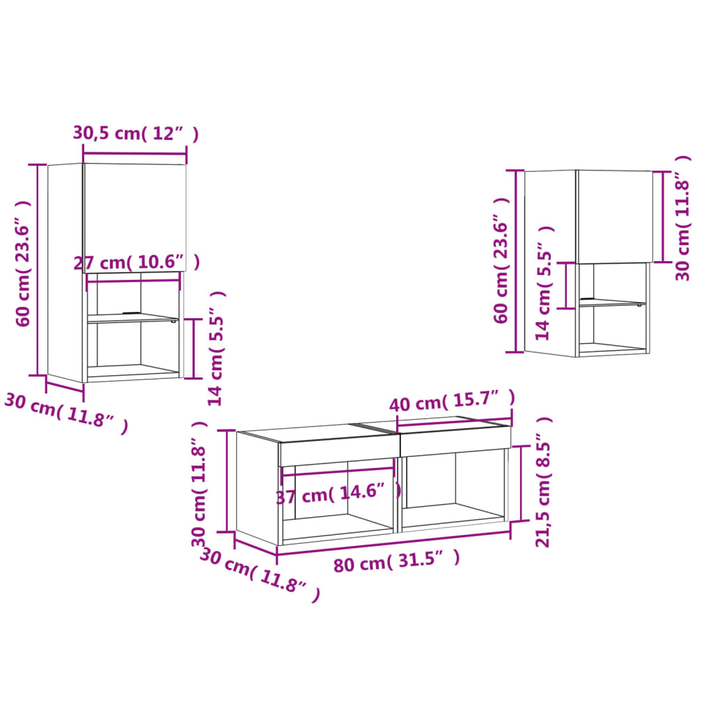 4 piece TV wall unit with LED lights smoked oak