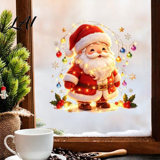Decorative Holly Patterns Santa Snowman Christmas Static Window Clings Reusable Stickers Holiday Stickers Colorful Home Shop Decorations Glass Door
