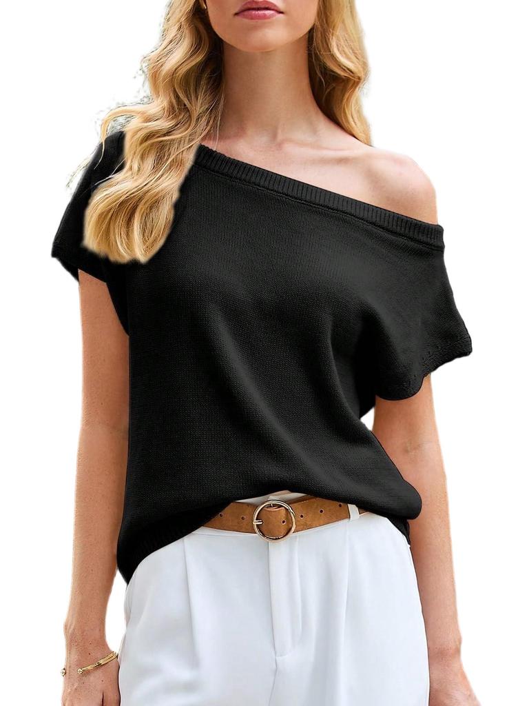 Women's Off Shoulder Short Sleeve Knit Top Loose Casual Summer Pullover