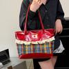 Rural Style Lace Bow Shoulder Bag Lattice Commuting Tote Bag Portable Denim Plaid Handbag  Women