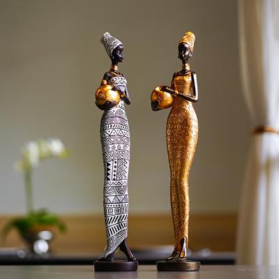 Статуэтка из смолы, окрашенная в черный цвет, декоративная статуэтка, ретро-африканские женщины, держащие глиняные горшки, предметы для коллекции домашнего стола, спальни