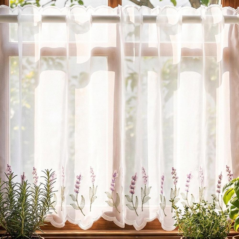 Dust-Proof Cafe Curtain Embroidered Floral Room Partition Curtain Short Curtains Kitchen