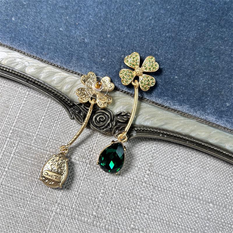 Серьги-подвески Osc Retro Gold с изогнутым крючком, в виде четырехлистного клевера и зеленого бриллианта-капли для женщин