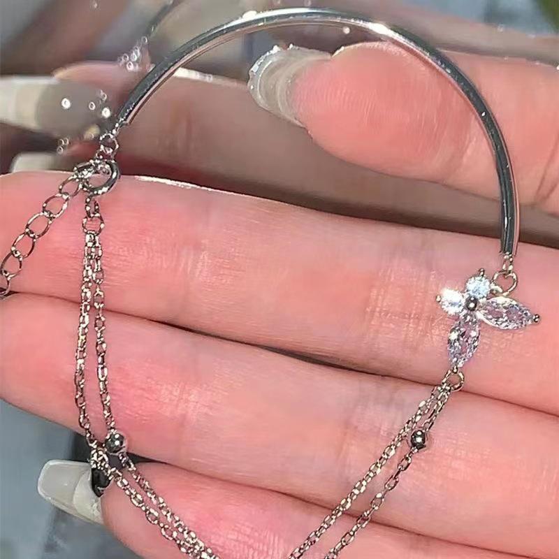 Butterfly Shiny Zircon Silver Color Bangle Light Luxury Multi-Layer Chain Bracelet For Women Hand Accessories Jewelry