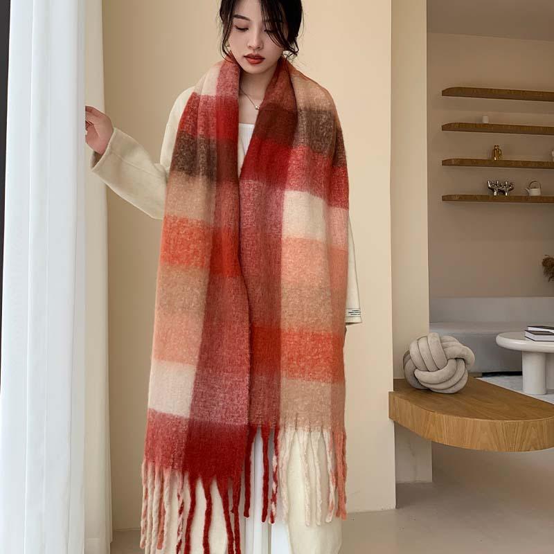 Winter New Scarf Women's Winter Thickened Warm Scarf Colored Plaid Fringed Scarf Shawl Fashionable Outer Cover
