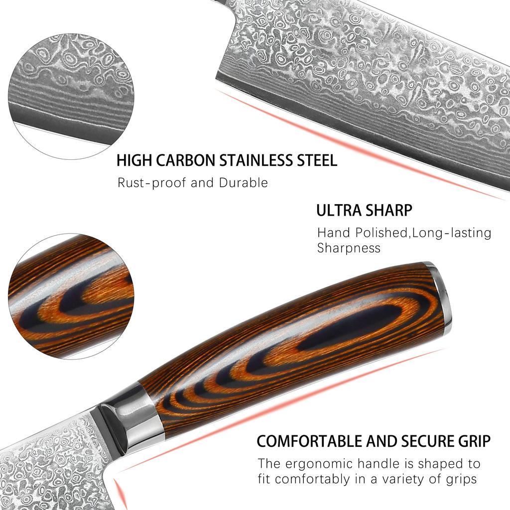 Japanese Damascus Chef Knife 7.5Inch- VG10 Steel, Ergonomic Pakkawood Handle, Professional Kitchen Knife for Meat & Vegetable Cu