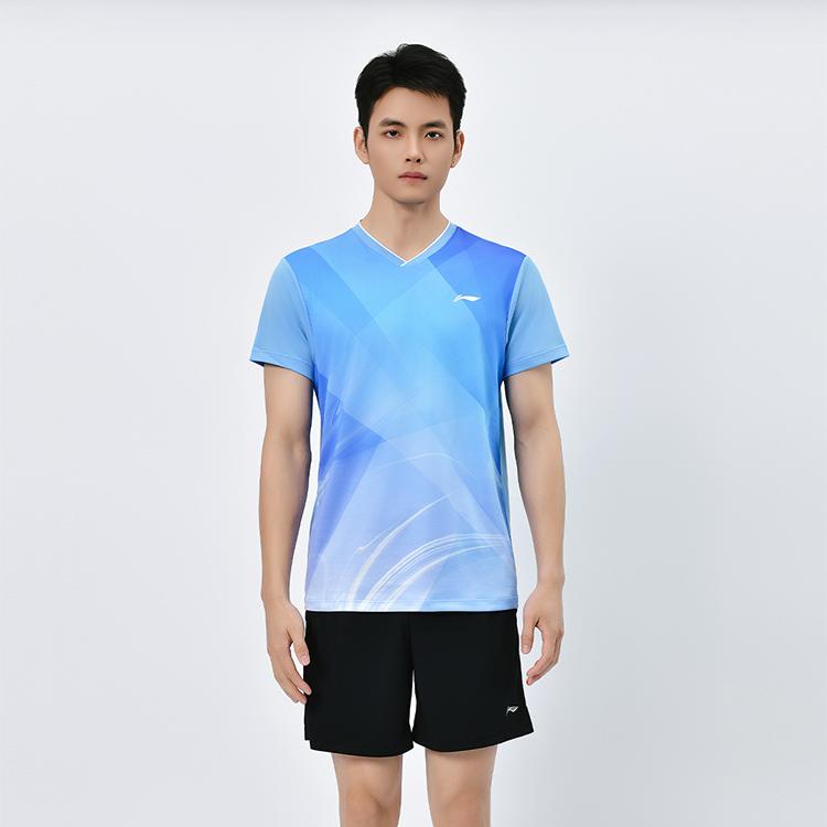 Футболка унисекс с коротким рукавом Li Ning Table Tennis Series, спортивная, повседневная, минималистичная, с цветными блоками, небесно-голубого цвета AAYV071-3