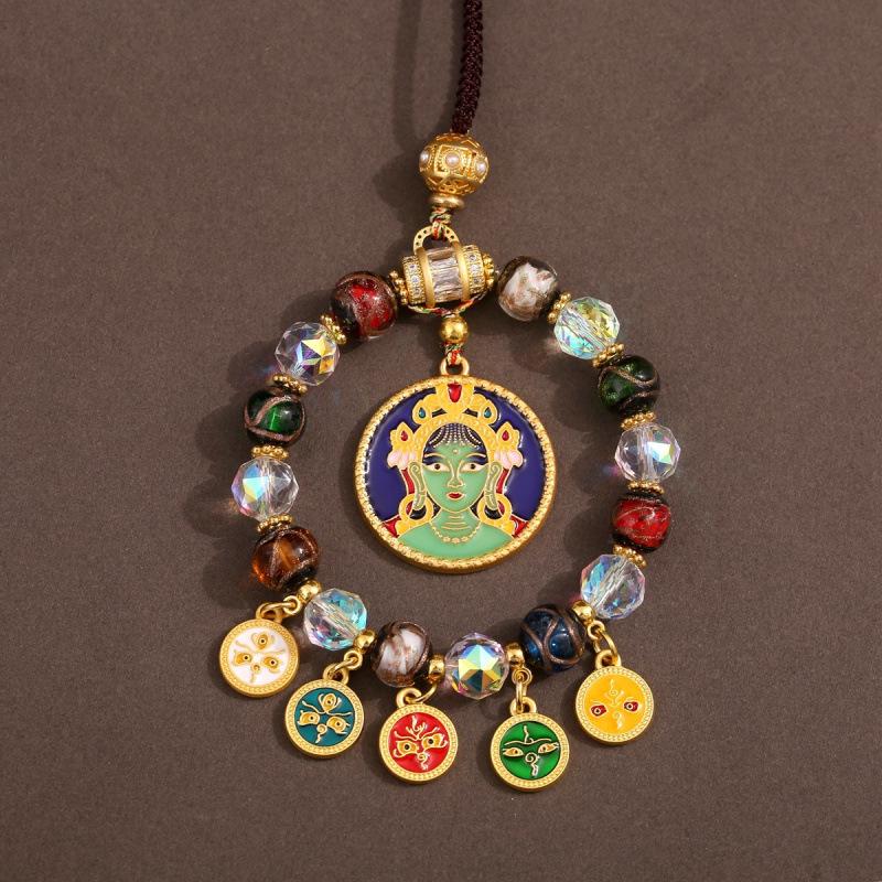 Tibetan Wealth God Zhakila Lhamo Incense Ash Glass Pendant - Five Directions Car Charm, Metal Retro Style