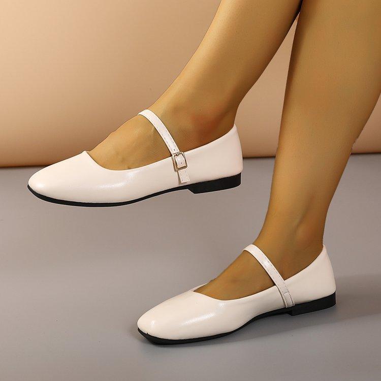 Shallow Single Shoes Women's Spring and Summer Retro Buckle Low Heels Literary Square Head Soft Leather Mary Jane Shoes