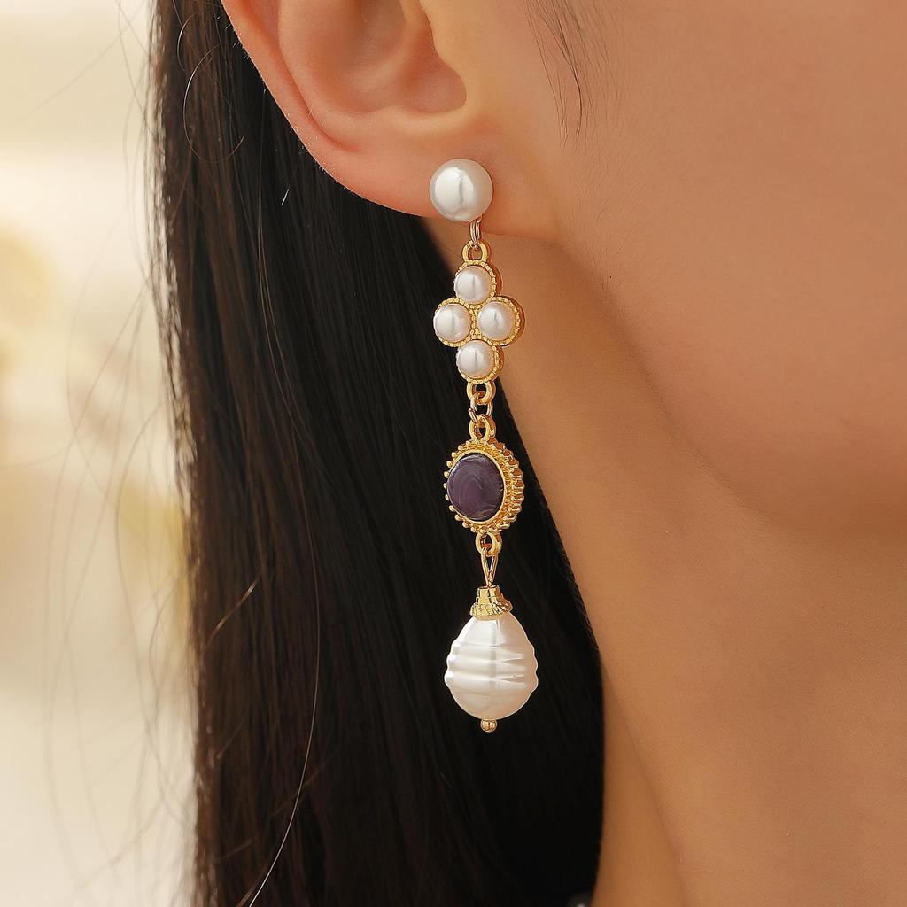 Medieval Vintage Court Style Fashion Geometric Imitation Pearl Double Layered Necklace Pendant Earrings Set Clavicle Chain