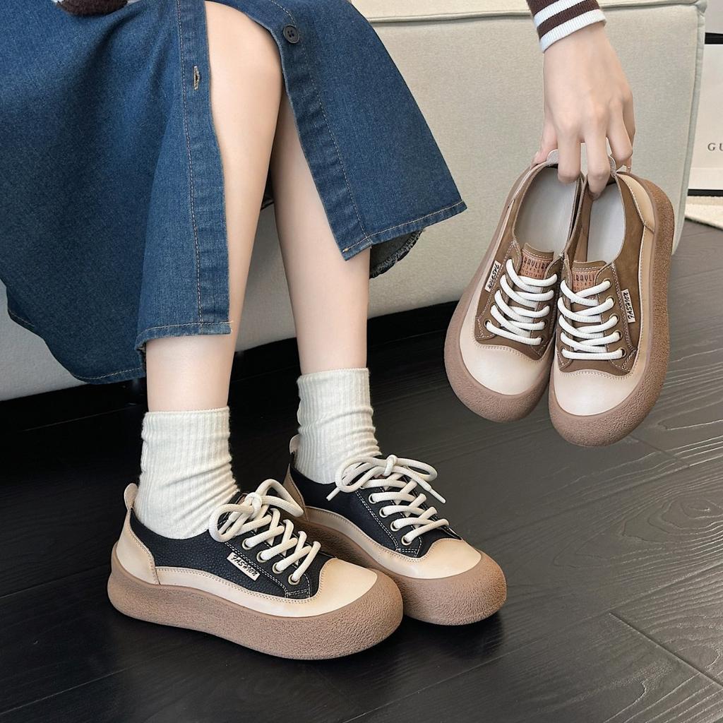 The First Layer of Cowhide Retro Little White Shoes Women's Flat-soled 2025 New Spring and Summer Thick-soled Single Shoes Sports and Leisure Board S