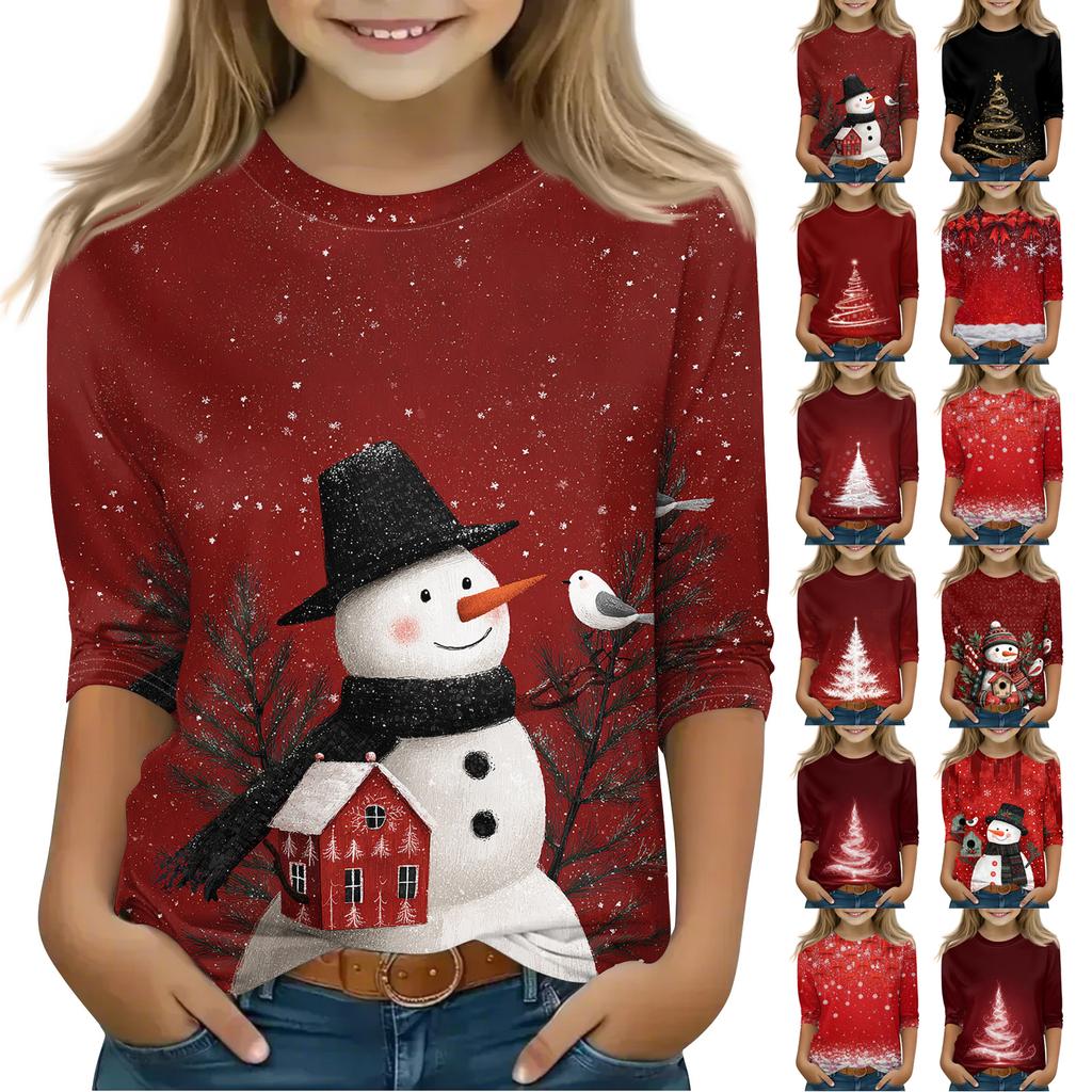 Рождественские топы с принтом для девочек-подростков 4-11 лет, футболки с круглым вырезом и рукавами 3/4, модные топы, нарядные футболки