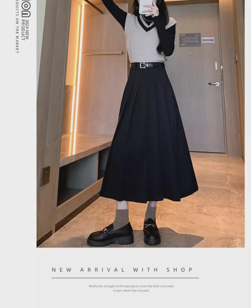 Women's High-Waist Gray Wool A-Line Skirt - Autumn/Winter Pleated, Elegant Slim-Fit.