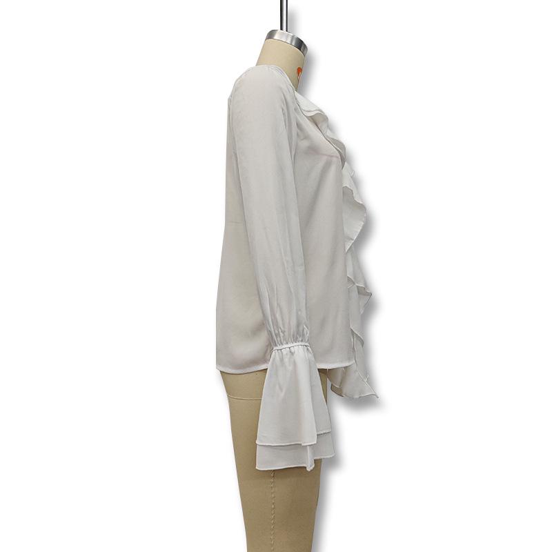 Весенняя блузка с V-образным вырезом и оборками, с длинным рукавом - Женская мода в европейском и американском стиле