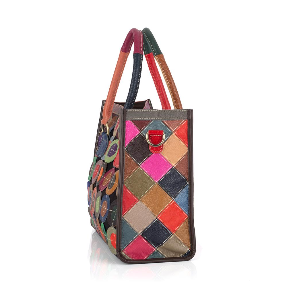 Цветная кожаная сумка-тоут для женщин, повседневная и цветная круговая строчка, модная сумка через плечо из коровьей кожи